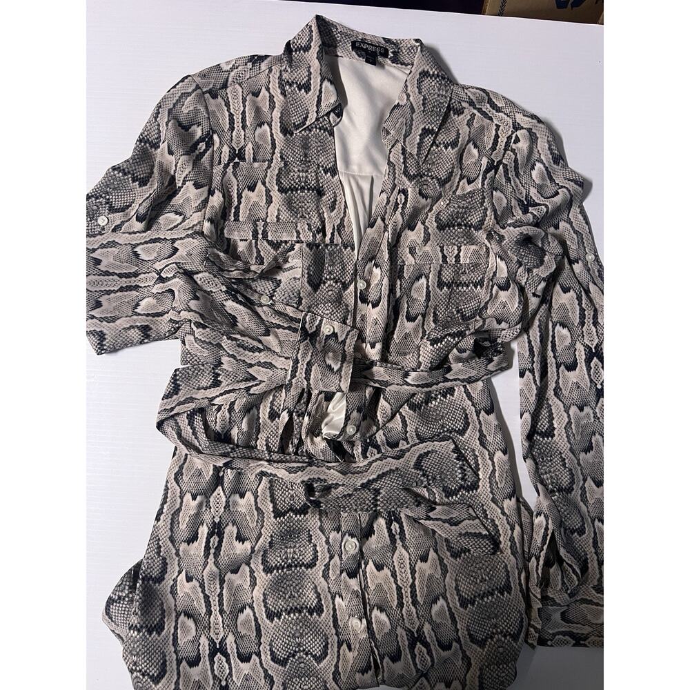 Express Snake Print Shirt Dress Long Sleeve Belted Button Down Grey Cream Small